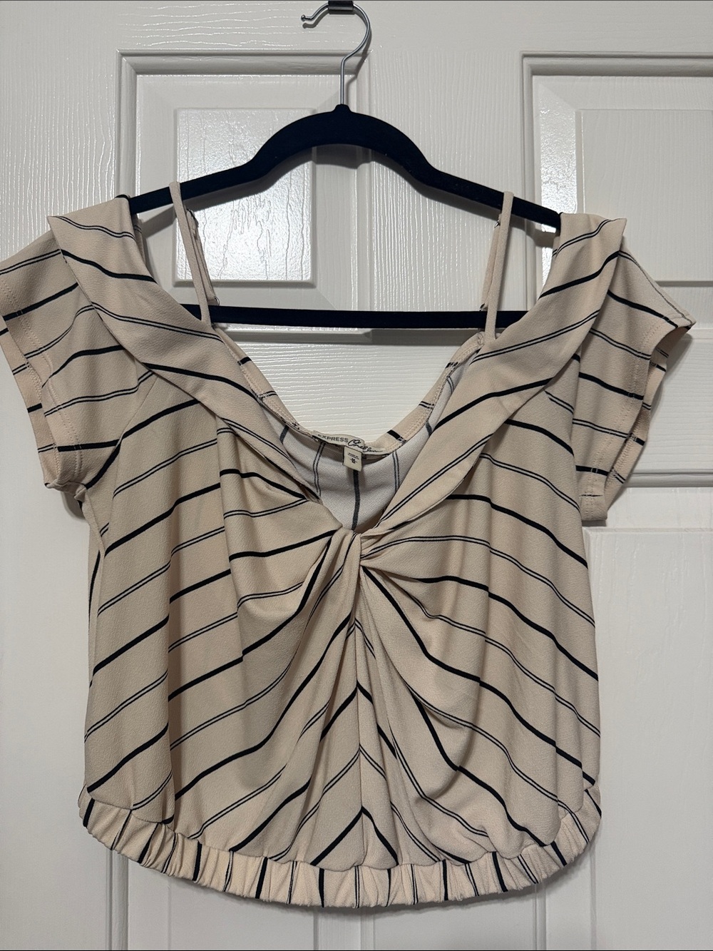 Express Beige and Black Striped Twist-Front Crop Top
